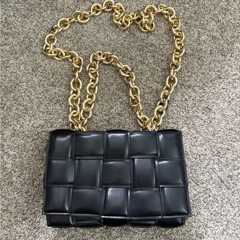 Elegant Black Woven Leather Bag with Gold Chain